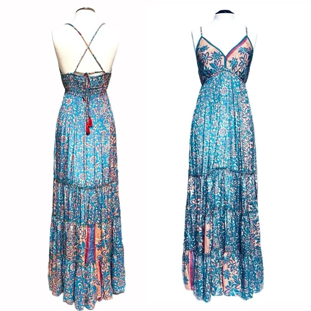 Anthropologie Floral Blue Maxi Dress Raga made NWT - Picture 2 of 5